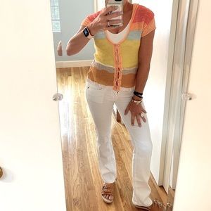 Anthropologie Colorblock Short Sleeve Cardigan Sweater with Hood